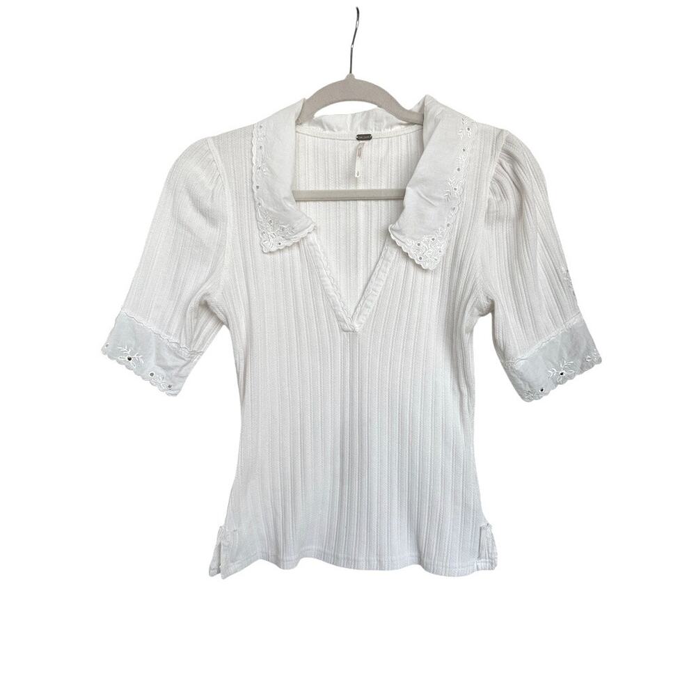 Free People Roxy Eyelet Cottage Polo Split Neck Collared Polo Blouse Size Small